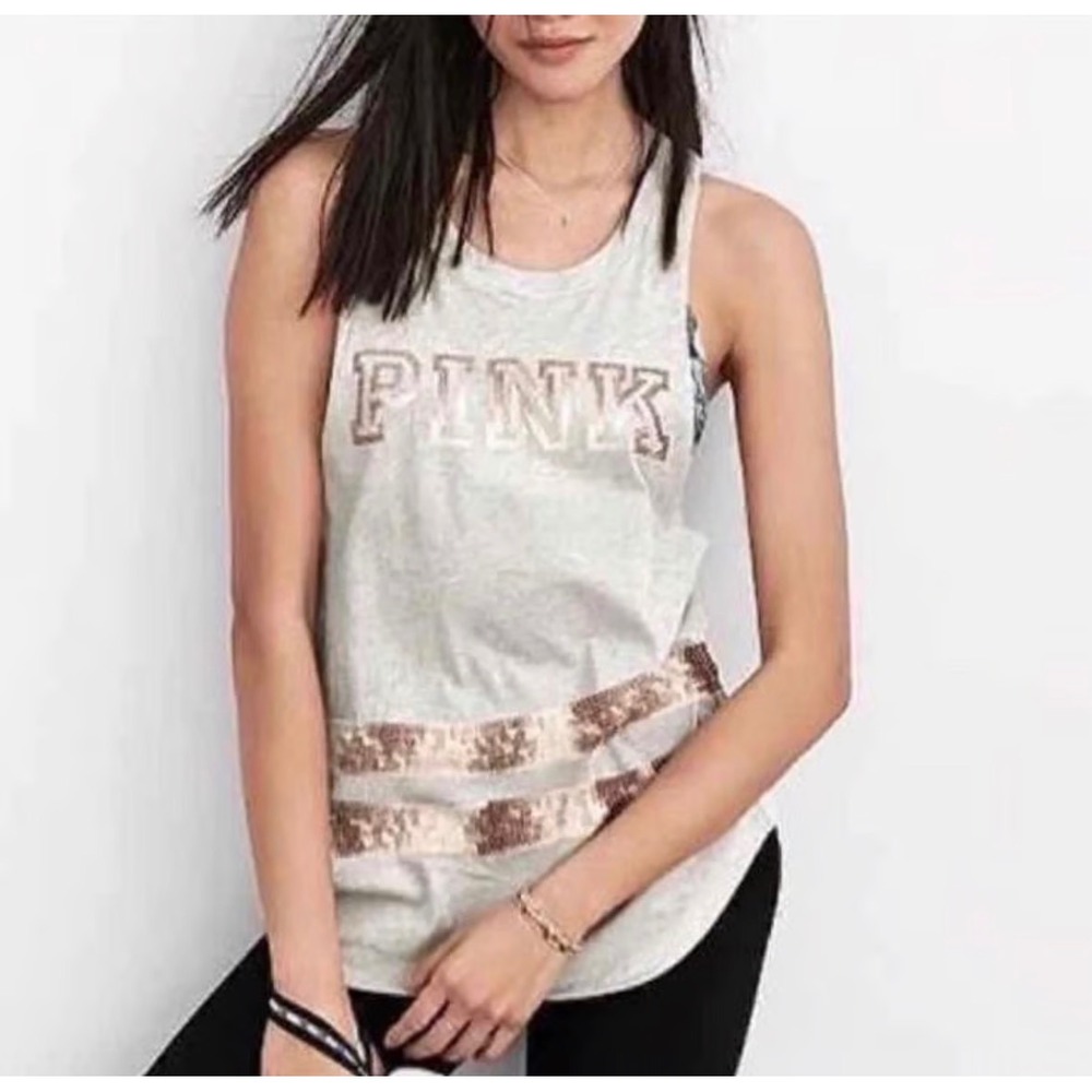 Victoria's Secret PINK Gray Sequin Logo Muscle Tank Top Small Rose Gold Stripes